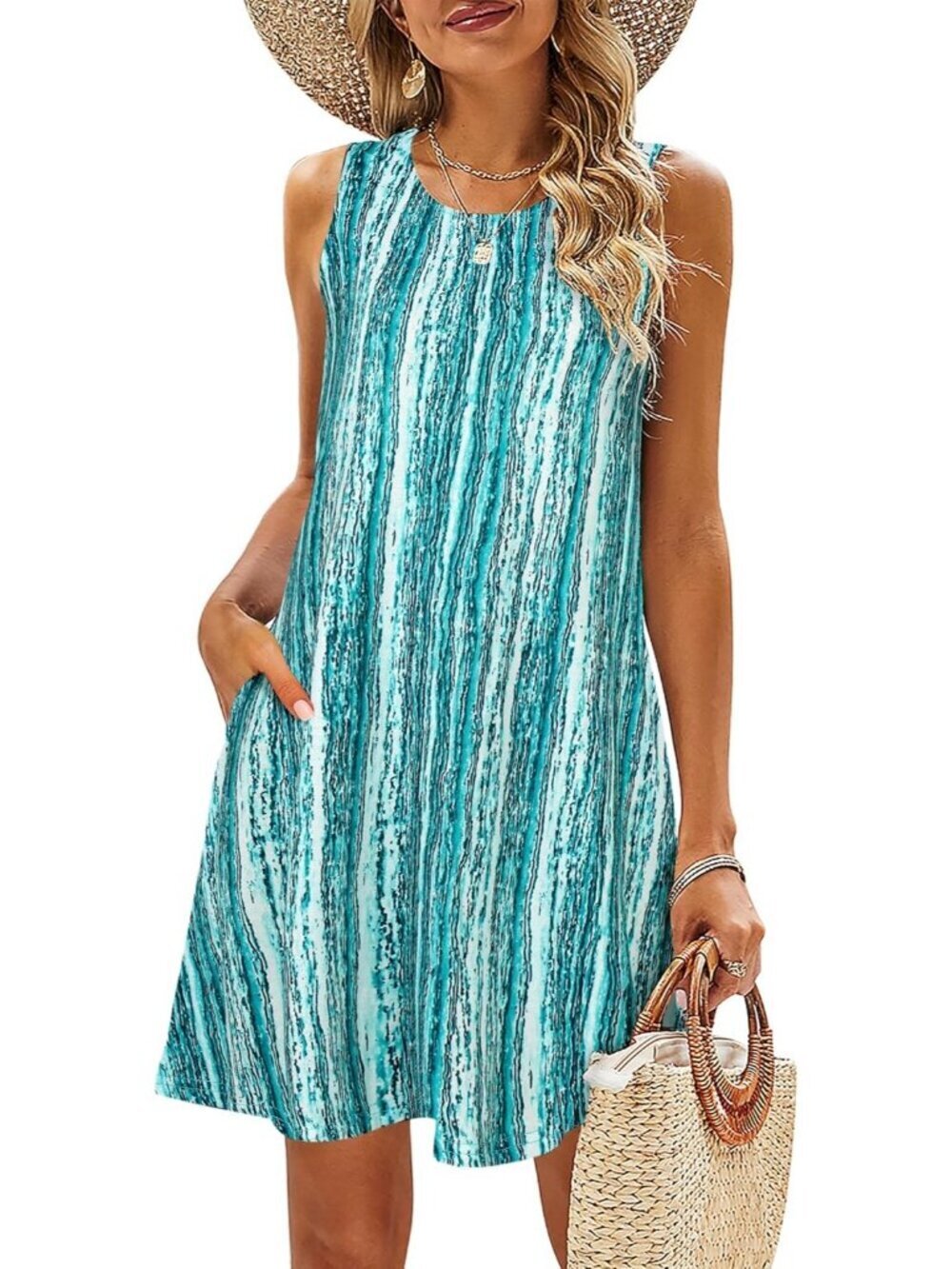 Women's Blue Wave Floral Stylish T-shirt Sundress Casual Pockets Boho Tank Dress